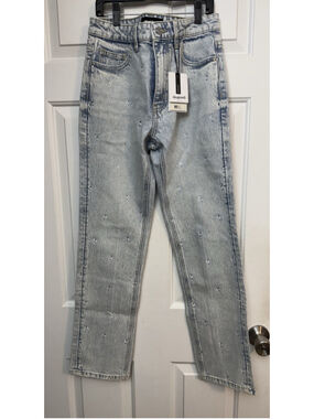 Desigual Women's Blue Straight Leg Jeans Sz 28 Rhinestone Denim $159 retail NWT